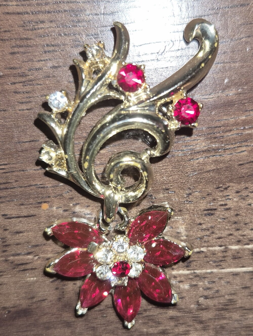Corocraft Gold-Tone Red Crystal Floral Drop Brooch